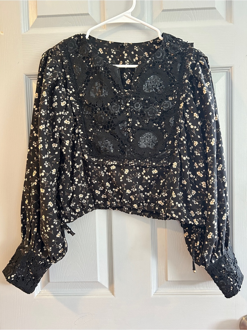 Vintage Black Floral Lace-Trim Women's Blouse